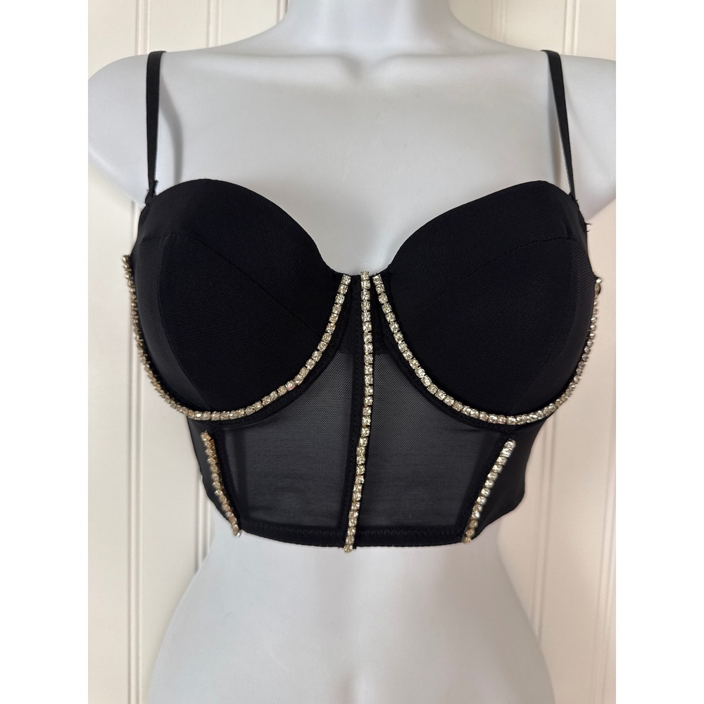 Rue Garage Corset Top Womens XS Black Rhinestone‎ Mesh Bustier Padded Sweetheart